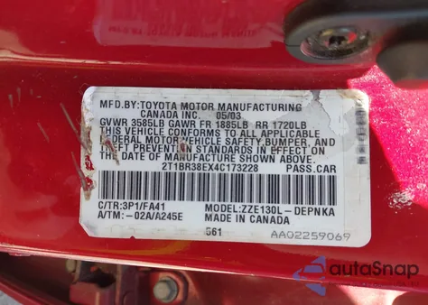 2004 Toyota Corolla Le z USA, uszkodzony, nr VIN 2T1BR38EX4C173228